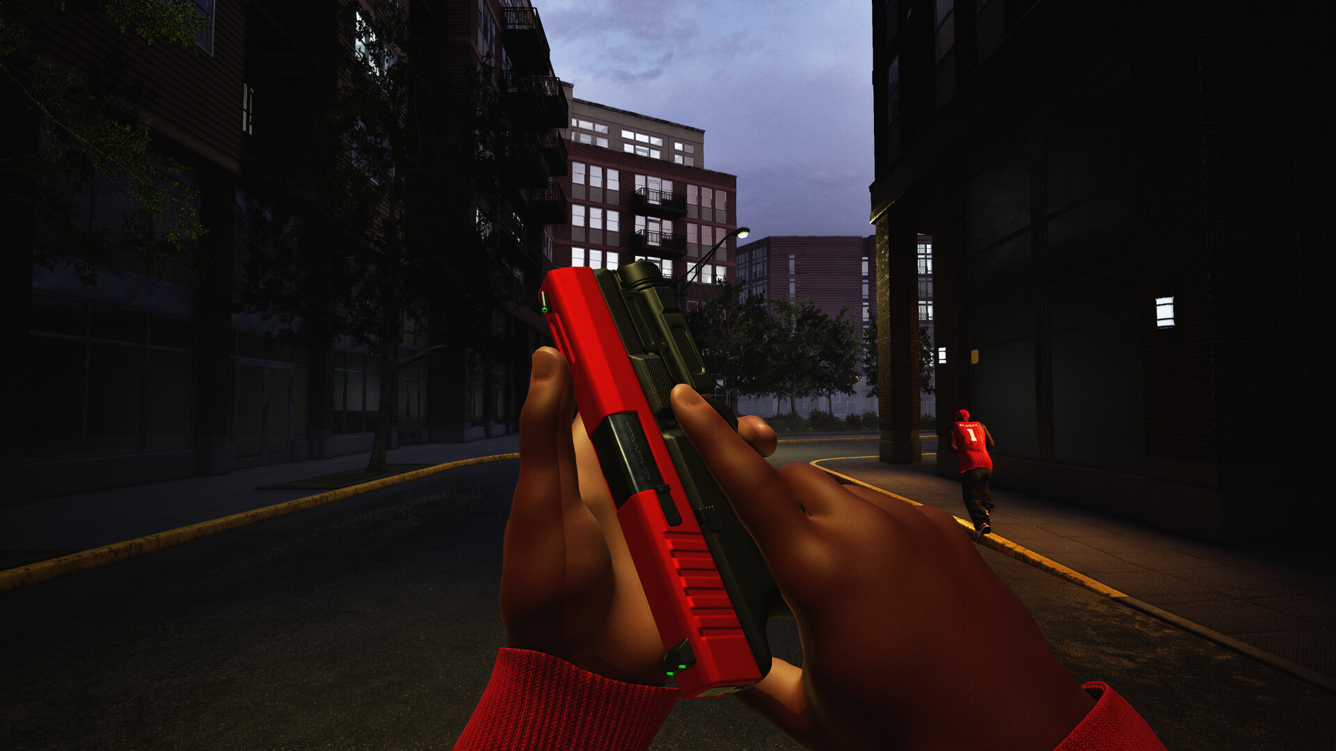 First-person view of a sidearm in a Hood Warfare 2 urban street